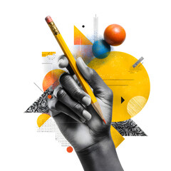 Hand holding a yellow pencil with abstract shapes isolated on transparent background