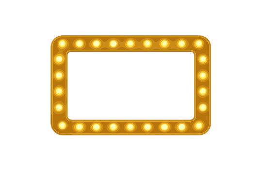 Retro Golden Marquee Frame with Glowing Bulbs on Black Sparkle Background, Vector Illustration for Casino, Theater, Show, Event Promotion, Luxurious Blank Banner, Copy Space Template