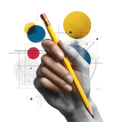 Hand holding a yellow pencil with abstract shapes isolated on transparent background
