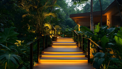 Obraz premium Illuminated platform surrounded by tropical foliage in warm lighting