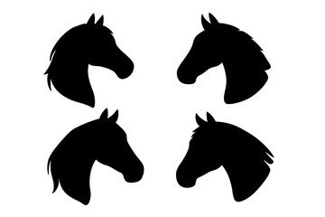 Horse head silhouette collection set, black equine profile icons isolated on white, stallion logo, wild mustang clip art, simple horse profile vector pack, equestrian design assets