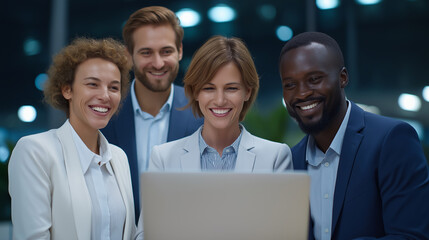 Multinational colleagues collaborating on data analysis in an office