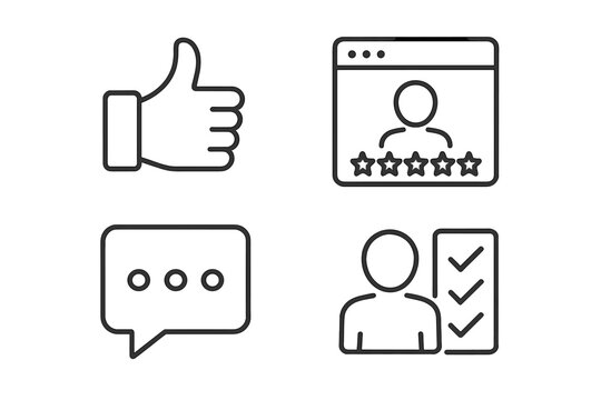 Set of 4 feedback line icons. User experience and customer review concept. Like, comment, rating, and survey symbols. Social media satisfaction signs for web and apps.