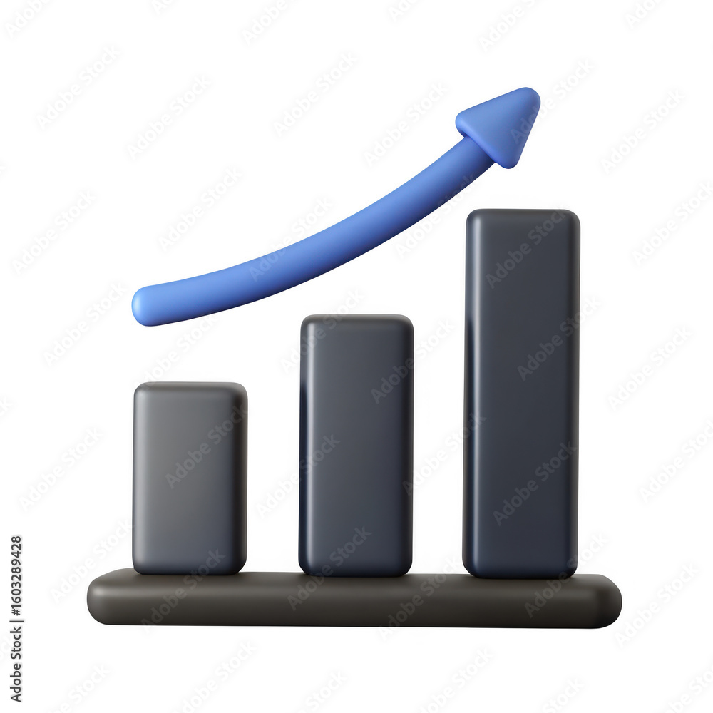 Poster 3d bar chart with upward arrow on transparent background