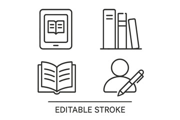 Linear Style Book and Reading Icons Set. E-Book, Library, Literature, Author, Writing, and Education Symbols. Outline Icons Collection for Infographics, Apps, Websites. Editable Stroke