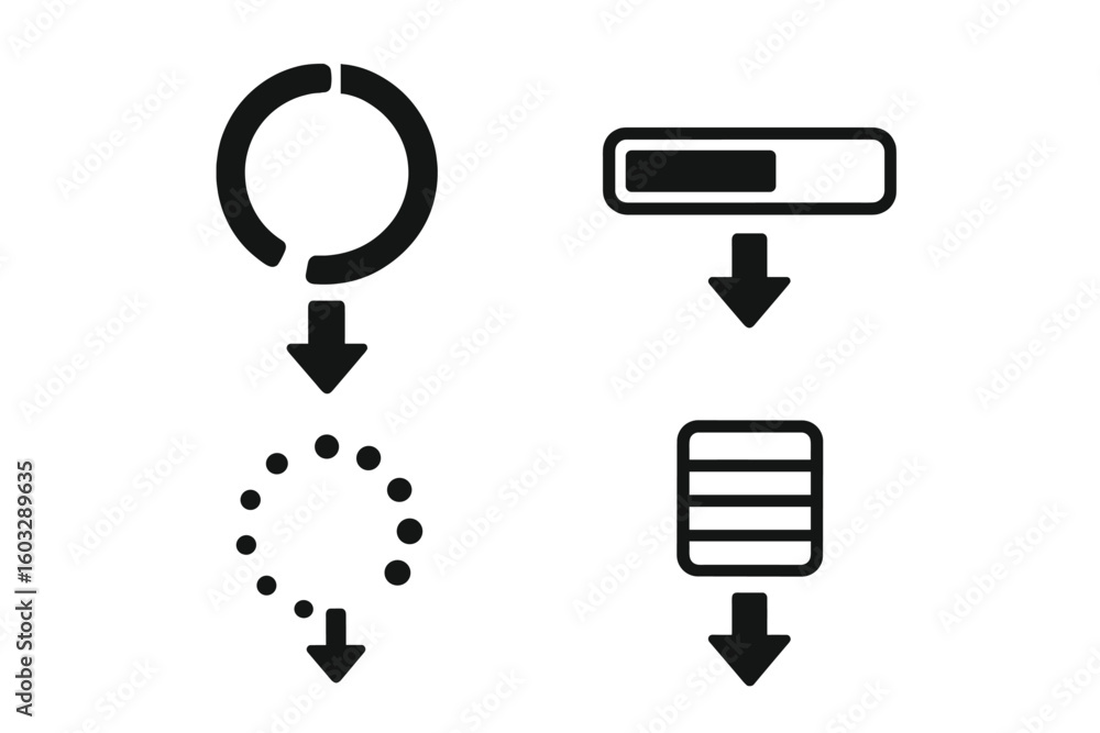 Poster download progress icon set. vector loading bar and circle spinner elements. ui ux design for web and
