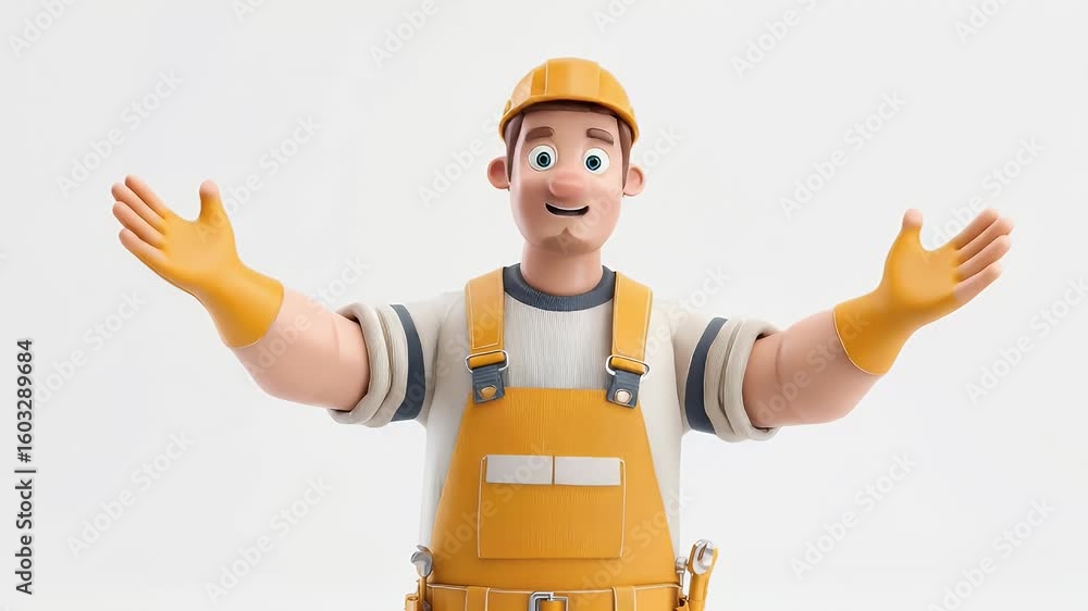 Poster animated construction worker welcomes with open arms - 3d character animation