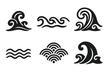 Traditional Japanese Oriental Wave Icon Set. Black Monochrome Water Wave Symbols, Asian Ocean Wave Decorative Elements, Japanese Seigaiha Pattern. Flat Ink Style, Isolated, Transparent Background