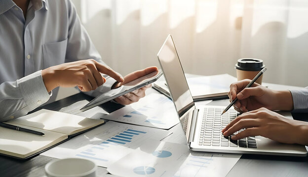 Businessman analyzing financial data with laptop and tablet for strategic planning and investment decisions in a corporate office setting