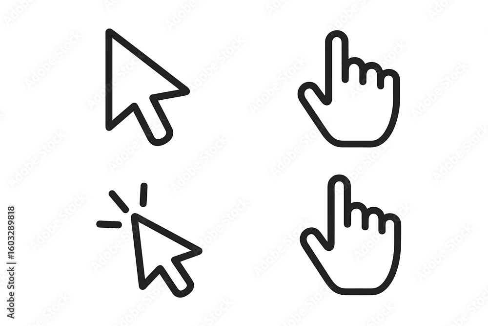 Fototapete computer mouse cursor pointer and hand arrow icon set. click and press symbols for web design. user 