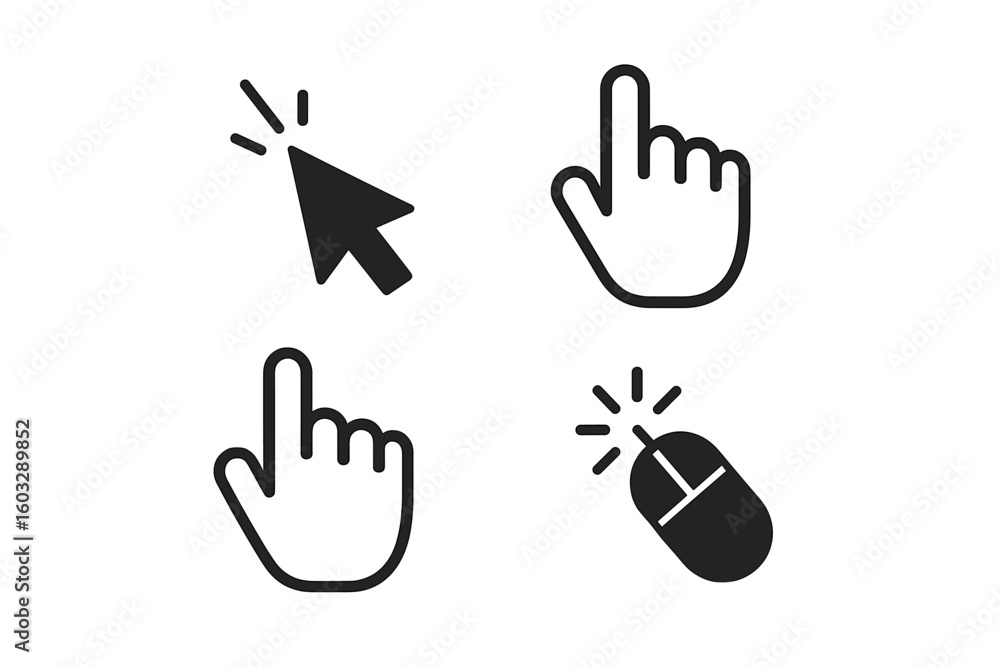 Poster clicking cursor and hand pointer icon set for web design. vector computer mouse symbol collection fo