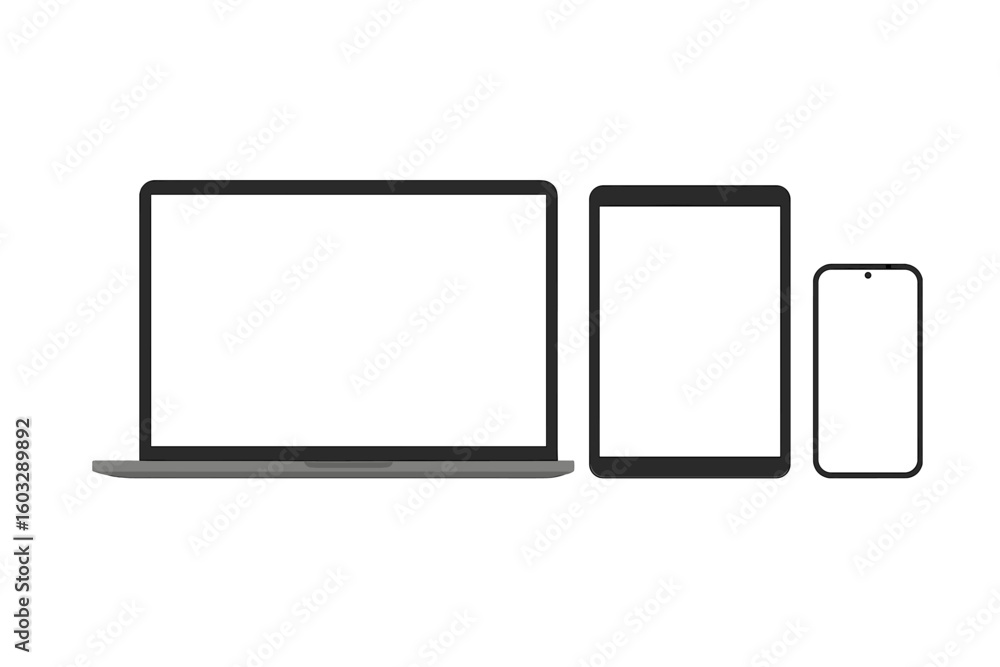 Poster laptop, tablet and smartphone mockup set. digital devices with blank white screen for responsive web