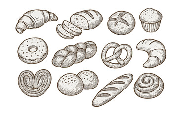 Hand drawn bakery products vintage sketch set. Rustic bread, croissant, pretzel, muffin, doughnut, rolls, pastries, braided loaf, transparent background, retro artisan baked goods illustration