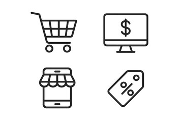 E-commerce line icon set: shopping cart checkout, online payment monitor with dollar sign, smartphone storefront for mobile shop, discount price tag, outline vector pack