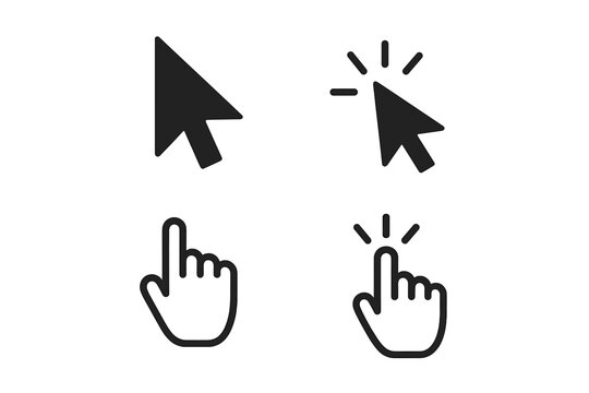 Set of computer mouse cursors with arrow and hand pointers. Click icon collection for web buttons and links. User interface elements for navigation, selection, and pointing.