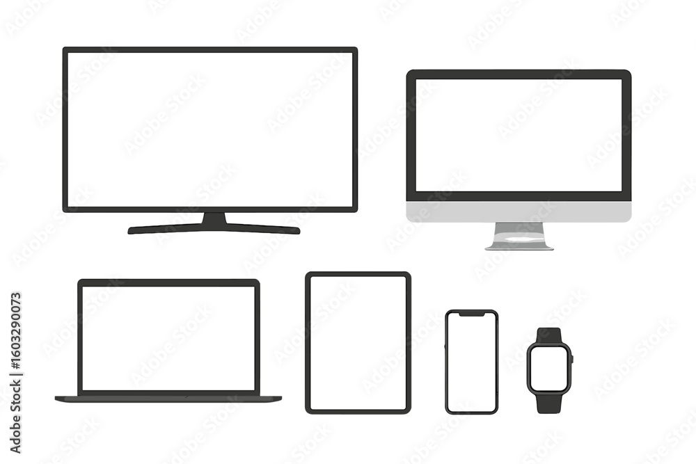 Poster modern flat devices mockup collection. tv, desktop computer, laptop, tablet, phone and smartwatch wi