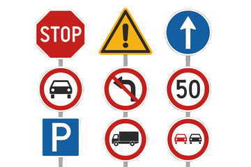 Realistic Vector Set of European Road Traffic Signs Including Stop, Warning, Speed Limit, No Entry, Parking, Prohibition, and Mandatory Direction Icons Isolated on Transparent Background