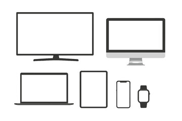 Modern flat devices mockup collection. TV, desktop computer, laptop, tablet, phone and smartwatch with empty screen for responsive web design presentation. Isolated vector.