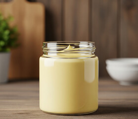 Mockup Of Glass Jar With Soft Butter Or Cream Wooden Kitchen Background