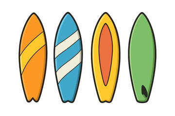 Vibrant Cartoon Surfboards Collection. Isolated Vector Set of Colorful Surfboards with Stripes, Patterns, and Classic Designs on Transparent Background. Beach, Summer, Water Sports Equipment Concept