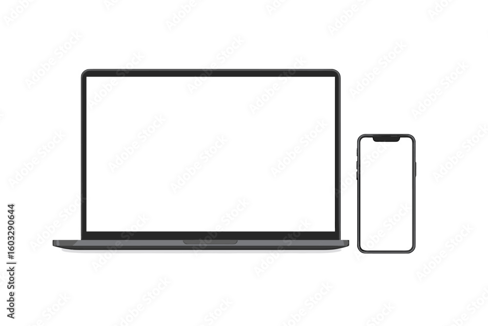 Poster laptop computer and smartphone with blank screen. modern mobile phone and pc device mockup with empt