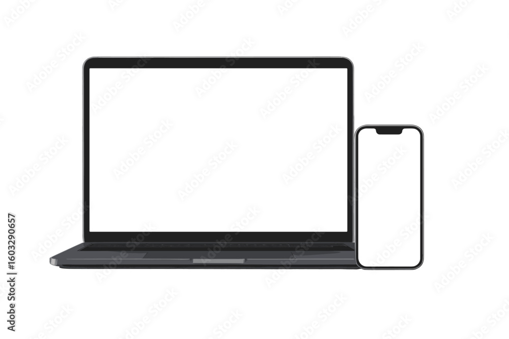 Poster laptop computer and smartphone mockup with blank screen. modern mobile phone and pc device with empt