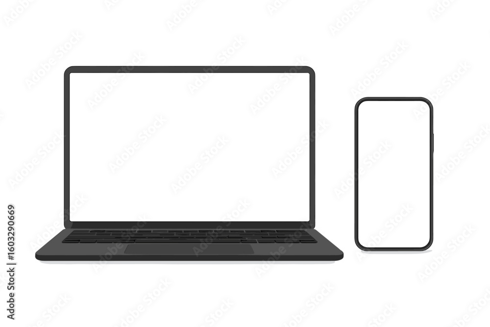Fototapete Laptop computer and smartphone with blank screen. Modern device mockup for UI, UX design presentation. Mobile phone and PC for website or app. Vector illustration with empty display.