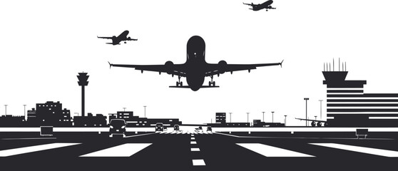 Busy silhouette airport vector with runway terminal and control tower in black and white