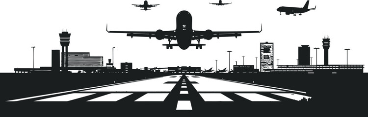 Busy silhouette airport vector with runway terminal and control tower in black and white