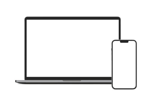 Laptop and smartphone mockup with blank screen. Modern computer and mobile phone with empty display for website, app, UI, UX presentation. Realistic device frame vector.