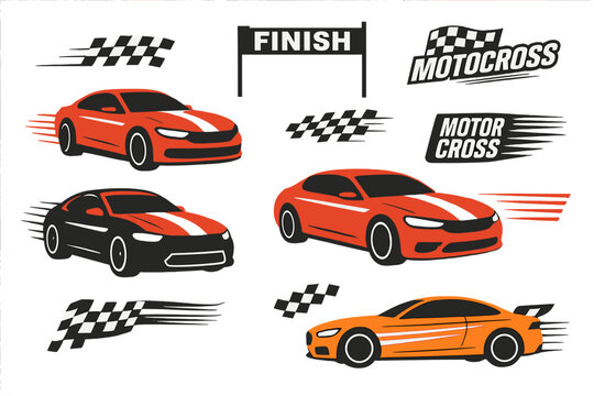Vector Set of Racing Cars, Dynamic Motion Stripes, Angled Checkered Flags, Finish Line Banner, Motocross and Motorsport Labels, Speed Elements, Competition Performance Symbol