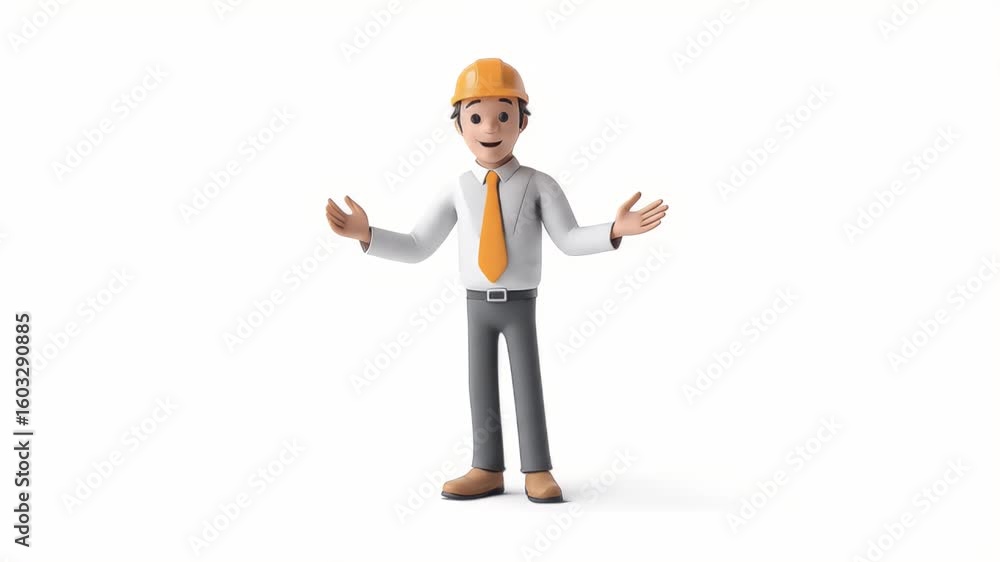 Poster animated engineer character gesturing, presenting, and explaining on white background