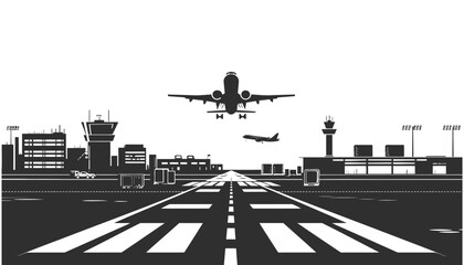 Busy silhouette airport vector with runway terminal and control tower in black and white