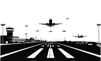 Busy silhouette airport vector with runway terminal and control tower in black and white