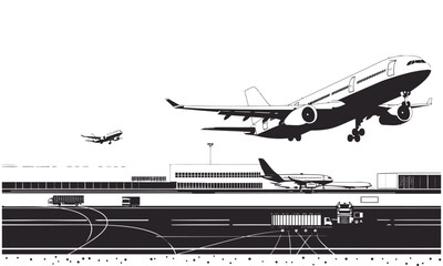 Busy silhouette airport vector with runway terminal and control tower in black and white