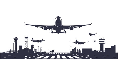 Busy silhouette airport vector with runway terminal and control tower in black and white
