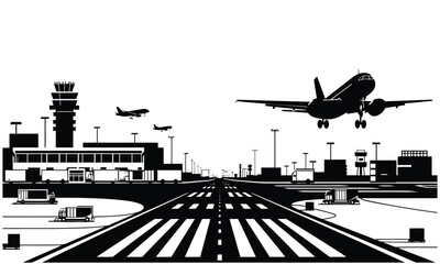 Busy silhouette airport vector with runway terminal and control tower in black and white