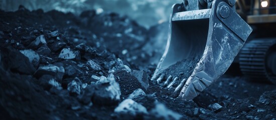 The close -up of the bucket of the excavator loading coal and stones against the background of a dark quarry, with an emphasis on power and industrial atmosphere.