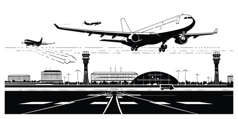 Busy silhouette airport vector with runway terminal and control tower in black and white