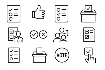 Poll, Survey, Voting, and Election Icons Set — Outline Linear Vector Symbol Collection Featuring Checklist, Ballot, Questionnaire, Vote Box, Checkmark, Choice, Participation, Feedback, Hand Signs