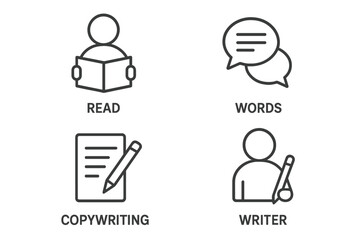 Text and writing icon set, read, words, copywriting, book, author, writer, linear style outline icons, conceptual web pictograms, communication and literature symbols collection