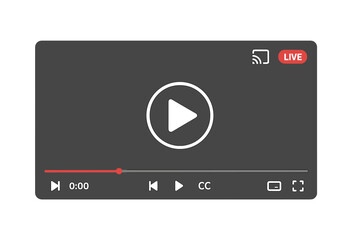 Modern video player interface template. Online multimedia streaming UI with play button, timeline, and navigation icons. Live broadcast concept for web and social media.