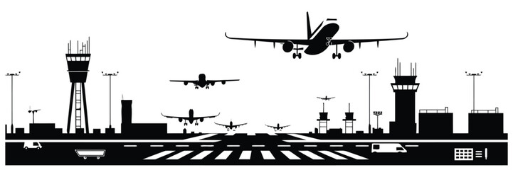 Busy silhouette airport vector with runway terminal and control tower in black and white