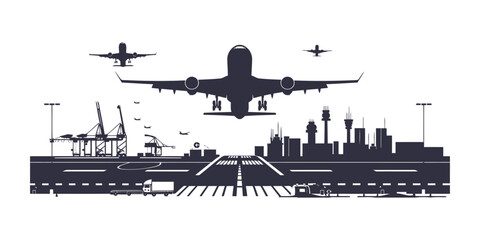 Busy silhouette airport vector with runway terminal and control tower in black and white