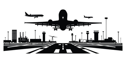 Busy silhouette airport vector with runway terminal and control tower in black and white