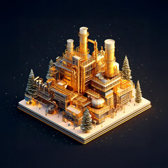 Golden Chemical Factory illustration on black background with pipes, chimneys.	