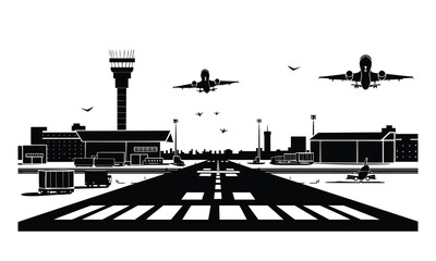 Busy silhouette airport vector with runway terminal and control tower in black and white