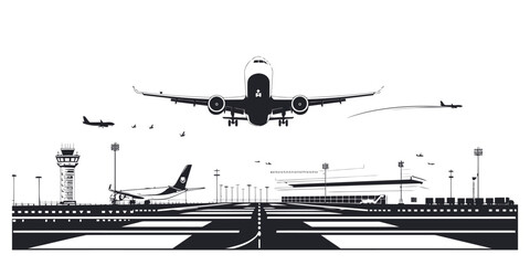 Busy silhouette airport vector with runway terminal and control tower in black and white