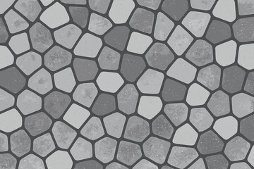 Grayscale stone mosaic texture. Seamless vector pattern background for design. Abstract natural rock tile for floor, wall, or pavement. Cobblestone garden path illustration.
