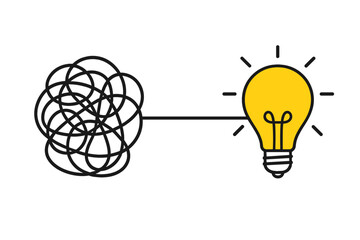 Unraveling chaos to find a solution. Simplifying the complex. Problem solving concept with a tangled line and a lightbulb idea. Creative process and innovation metaphor.